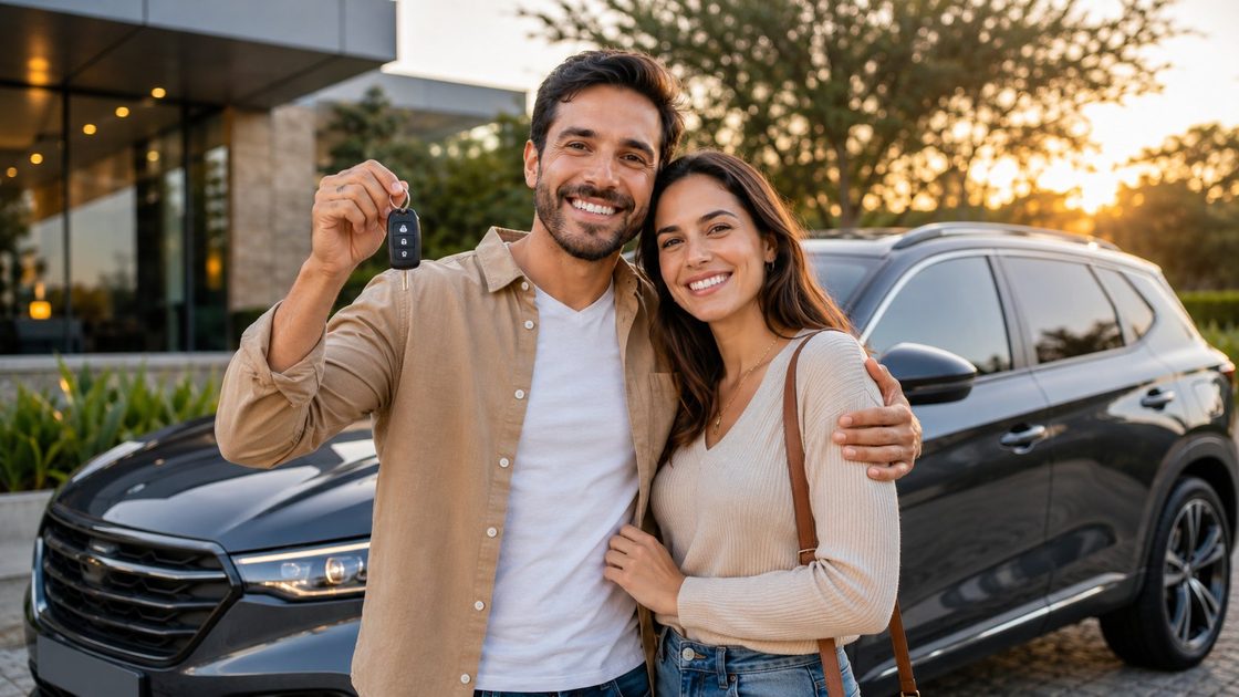 Casal feliz com a chave do carro novo conquistado por consórcio